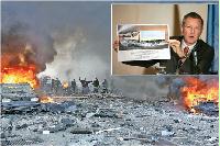 ساحة التفجير الذي أودى بحياة الرئيس رفيق الحريري وفي الاطار الرئيس السابق للجنة التحقيق ديتليف ميليس يحمل صورة الميتسوبيشي (أ ف ب)